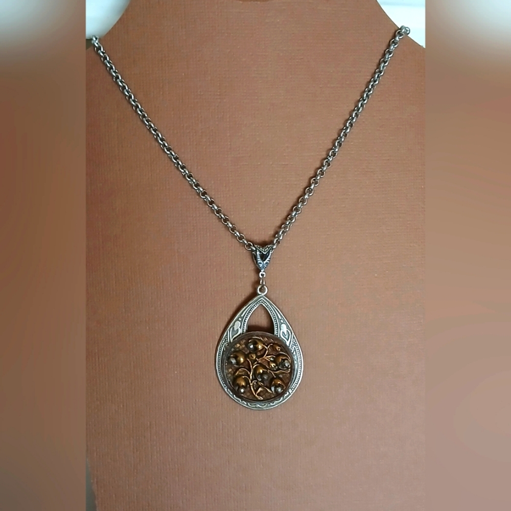 Antique Cut Steel Rivet Picture Button Necklace, Oxidized Silver, Victorian Boho
